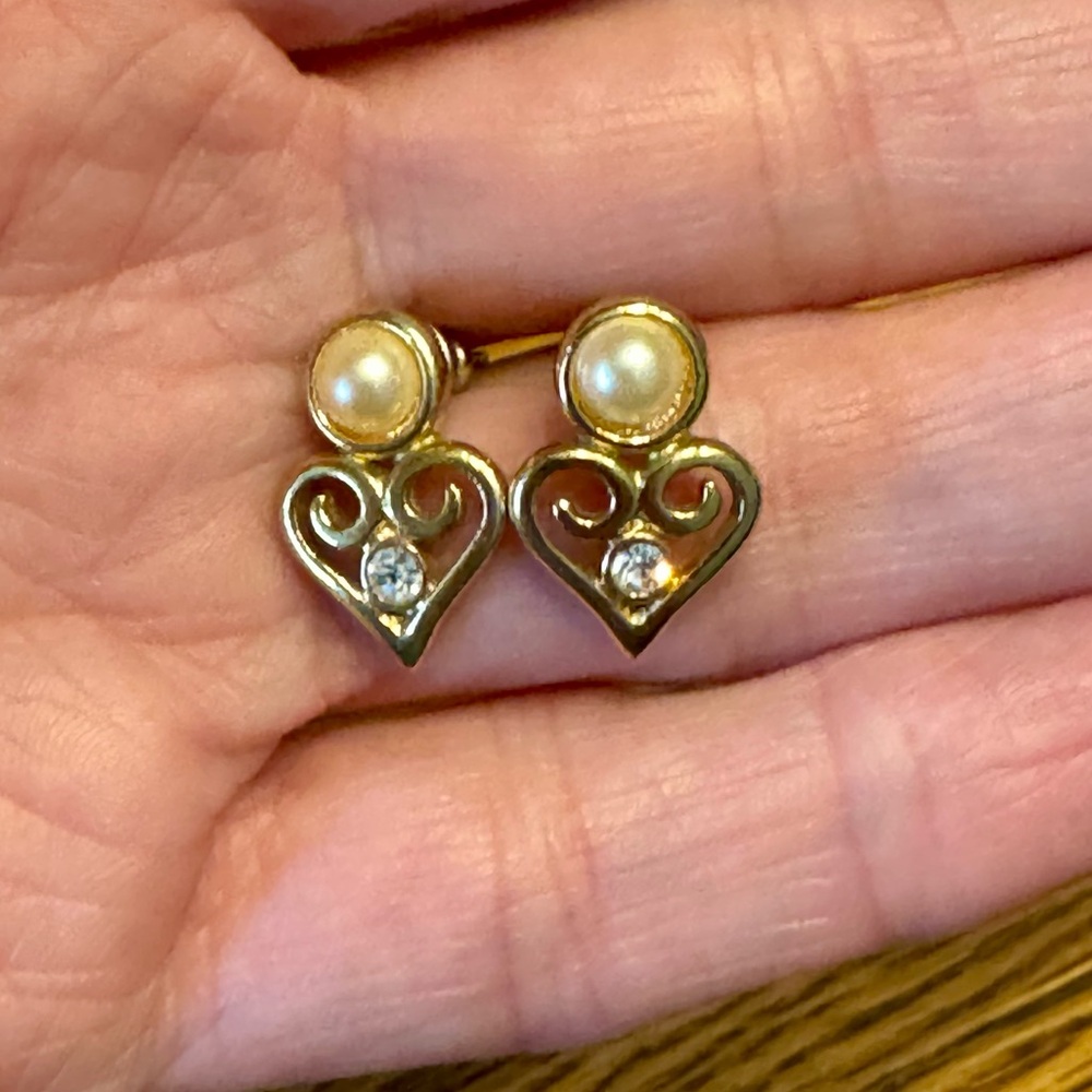 Vintage Gold Heart and Pearl Stud Earrings